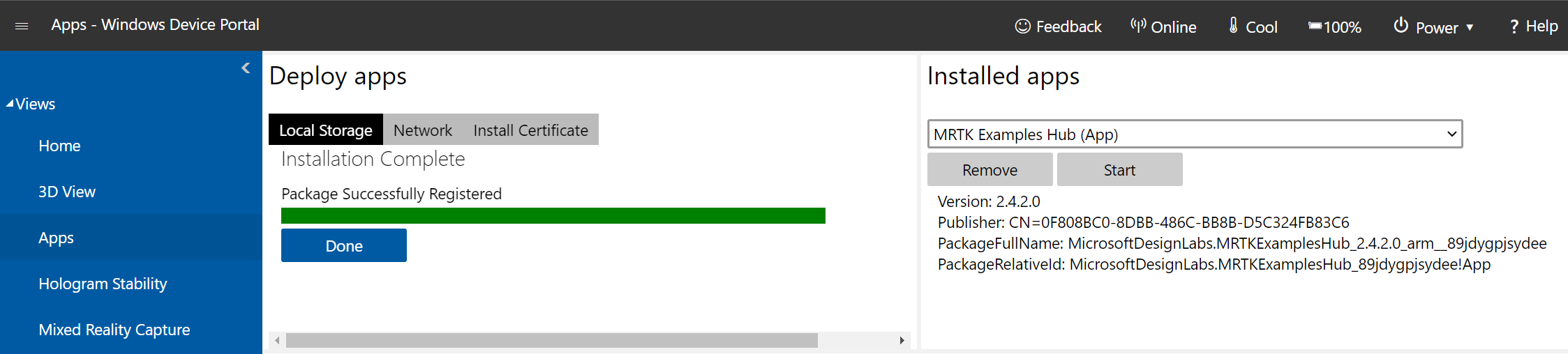 성공적으로 설치된 Windows 장치 포털에서 열린 앱 관리자 페이지의 스크린샷