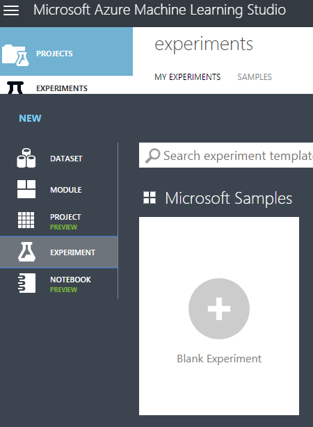 실험 메뉴 항목이 선택된 것을 보여 주는 Microsoft Azure Machine Learning Studio 창의 스크린샷.