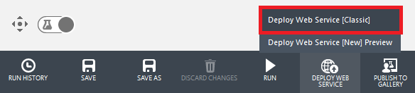 웹 서비스 배포 메뉴 단추에서 강조 표시된 웹 서비스 클래식 배포 메뉴 항목을 보여주는 실험 메뉴의 스크린샷.