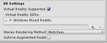 Virtual Reality S D K 아래의 Windows Mixed Reality S D K가 사용하도록 설정되어 있는 것을 보여주는 X R 설정 탭의 스크린샷.