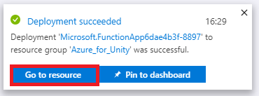 '리소스로 이동' 단추가 강조 표시된 '배포 성공'을 보여 주는 스크린샷