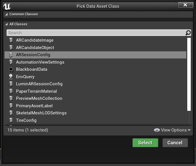 AR 세션 구성 자산이 강조 표시된 상태로 열려 있는 데이터 자산 클래스 선택 창