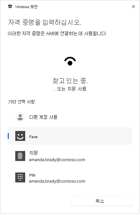 생체 인식을 사용하는 원격 데스크톱 연결 인증 프롬프트의 스크린샷