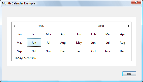 한 대화 상자의 스크린샷으로, 2007년과 2008년의 모든 월을 보여 주는 월 달력 컨트롤이 있습니다.