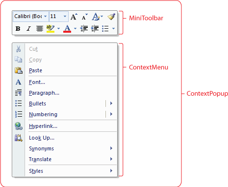 ContentPopup, ContextMenu 및 MiniToolbar를 보여 주는 설명선이 있는 스크린샷