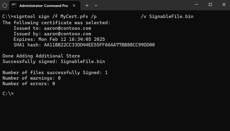 'signtool sign /f MyCert.pfx /p MyCertPassword /v SignableFile.bin' 명령을 보여 주는 명령 프롬프트 창을 보여 주는 스크린샷