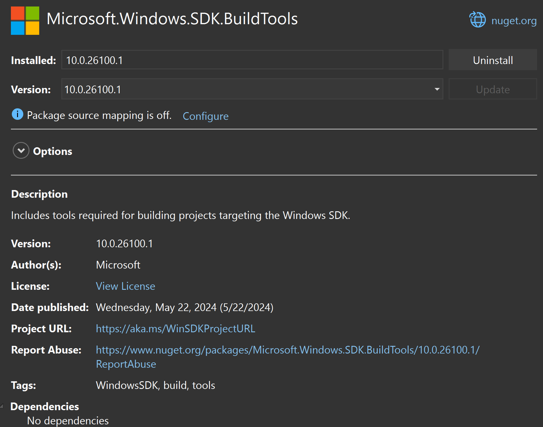 Visual Studio의 NuGet 화면에서 빌드 도구 패키지에 대한 정보를 보여주는 스크린샷