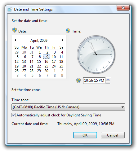 날짜 및 시간 설정 대화 상자의 스크린샷 