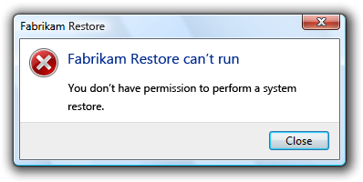 메시지 스크린샷: fabrikam 복원을 실행할 수 없음 