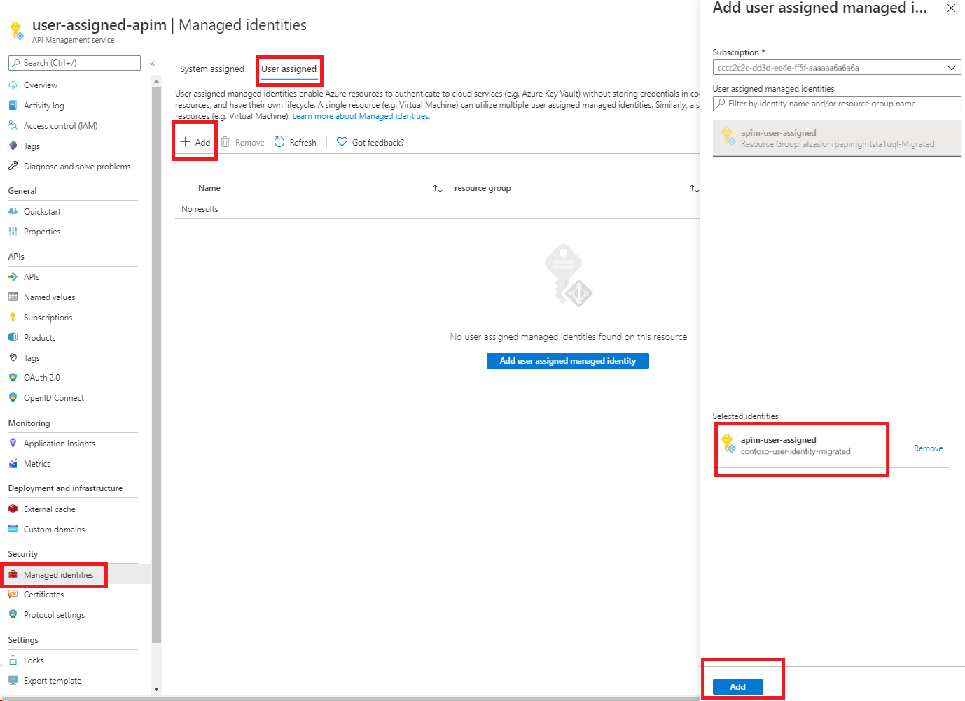 Selections for enabling a user-assigned managed identity