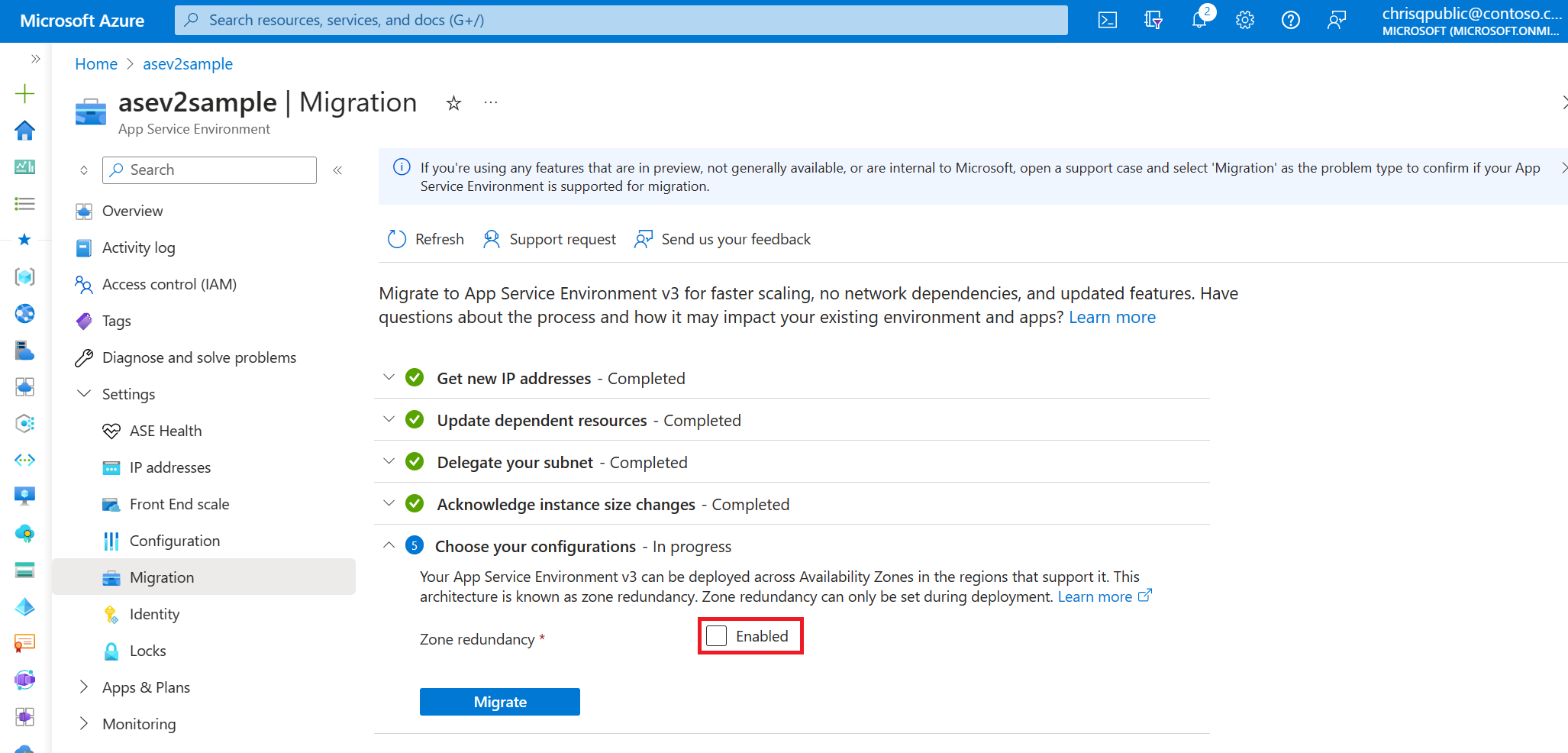 Screenshot that shows the checkbox for enabling zone redundancy for an App Service Environment in a supported region.