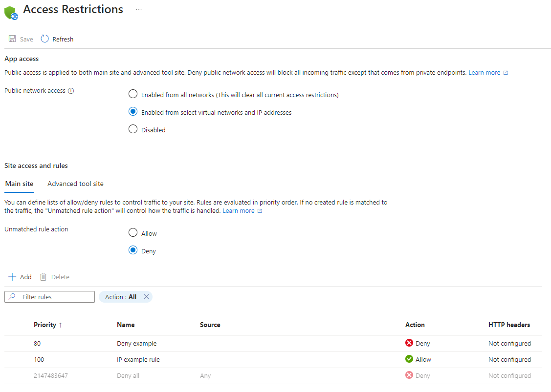 Screenshot of the Access Restrictions page in the Azure portal, showing the list of access restriction rules defined for the selected app.