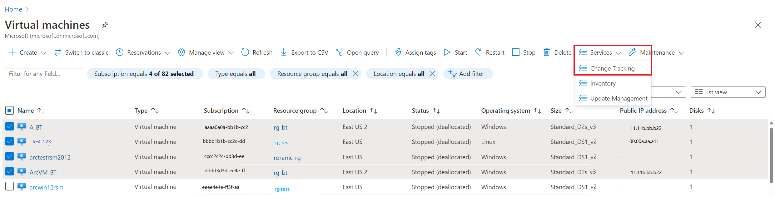 Screenshot showing how to select multiple virtual machines from the portal.