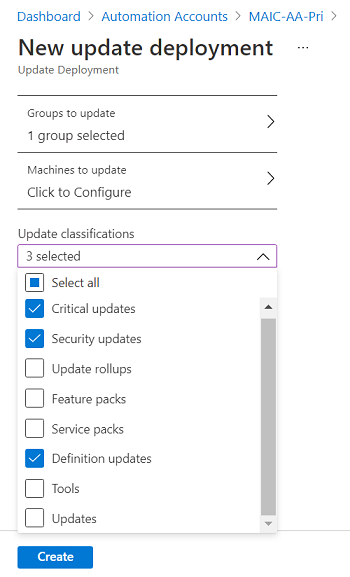 Example showing selection of specific update classifications.