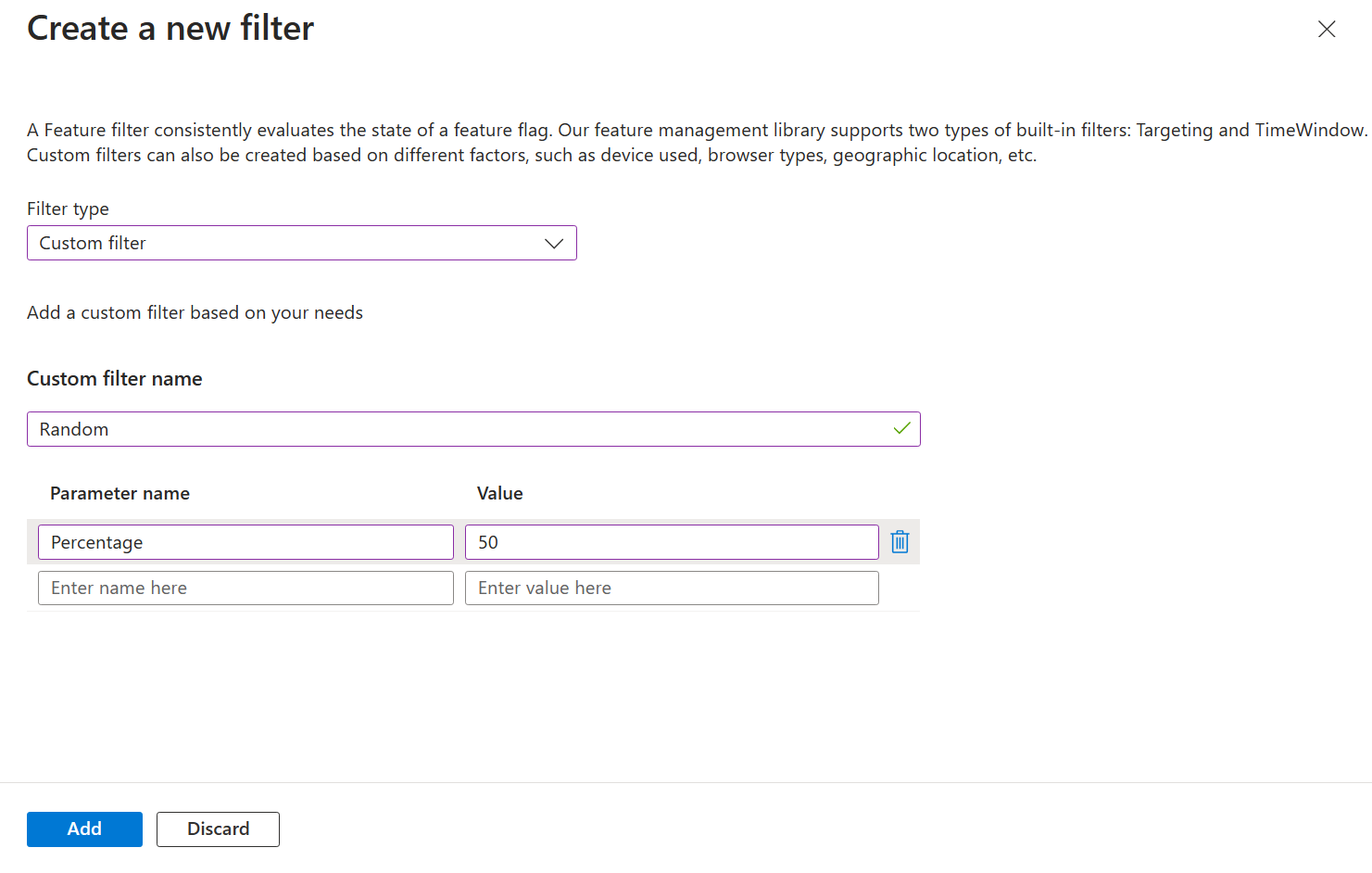 Screenshot of the Azure portal, adding parameters for the custom filter.