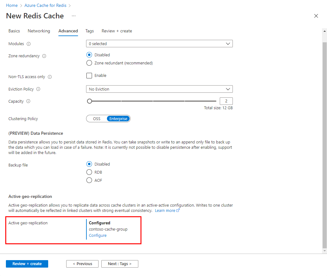 Screenshot showing active geo-replication is configured.