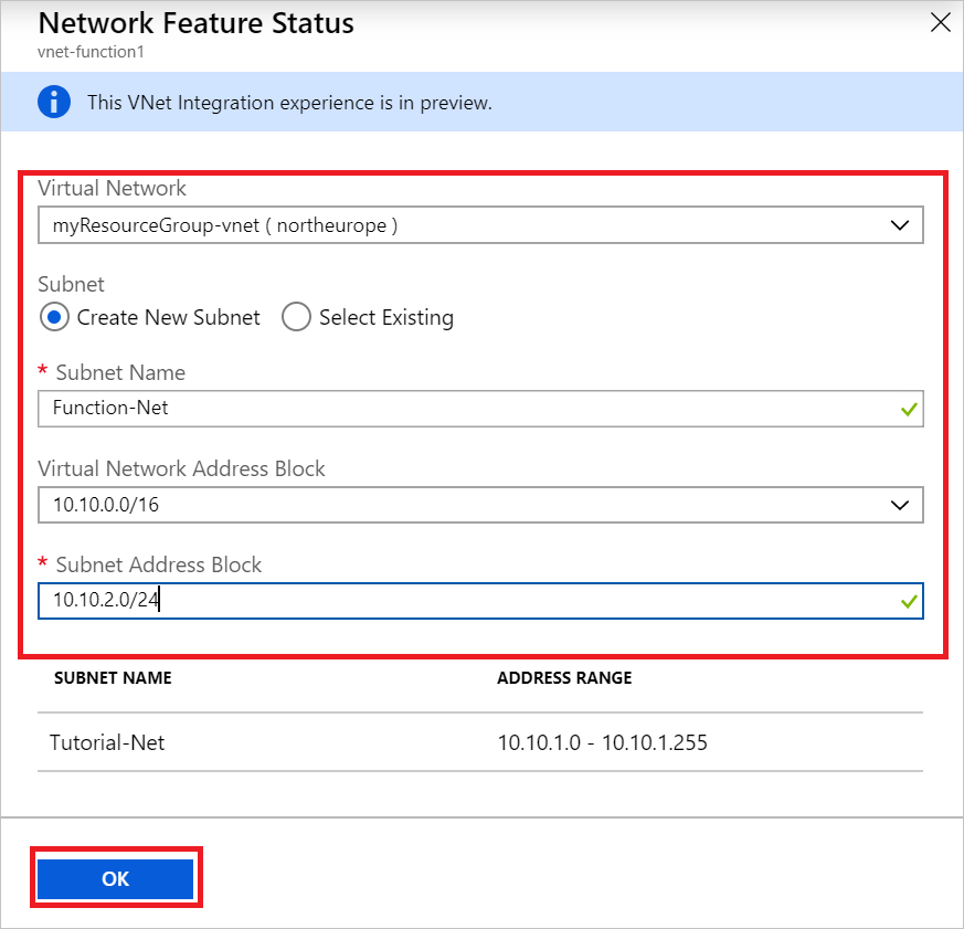 Define the function app virtual network