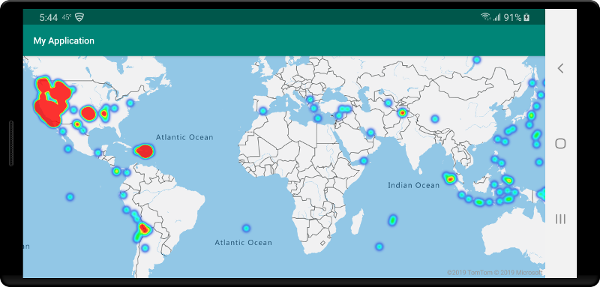 Map with heat map layer of recent earthquakes