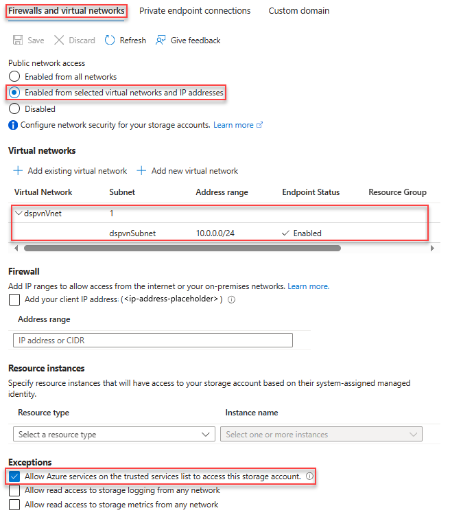 Screenshot of selections for configuring a storage account for accessing a private network.