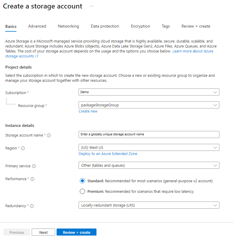 Screenshot of the Basics tab on the Azure form to create a storage account.