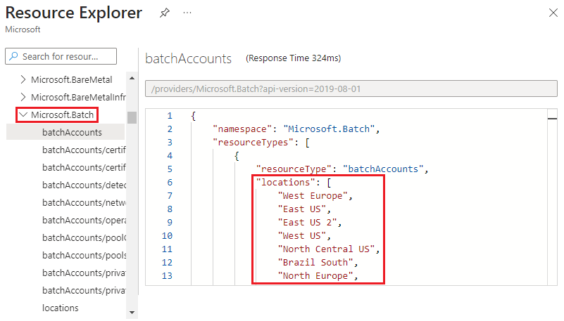 Screenshot of displaying valid locations for a resource type in Resource Explorer.