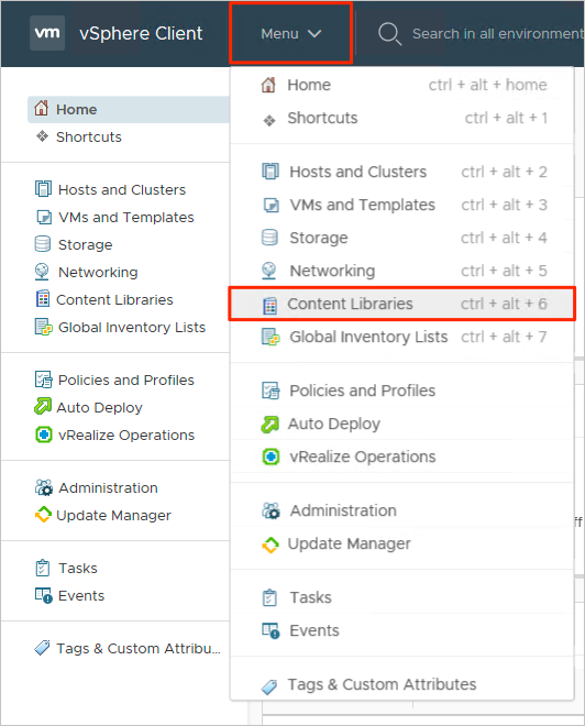 Screenshot showing the Content Libraries menu option in the vSphere Client.