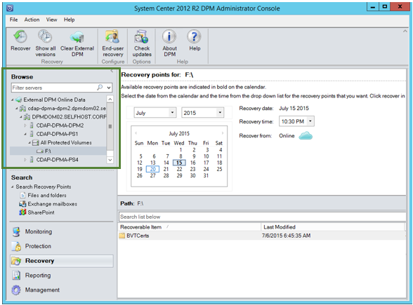 Screenshot shows how to browse external DPM server.