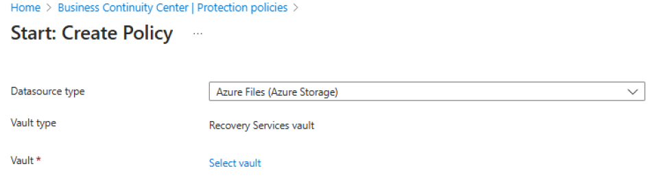 Screenshot showing to select Azure Files as the policy type.