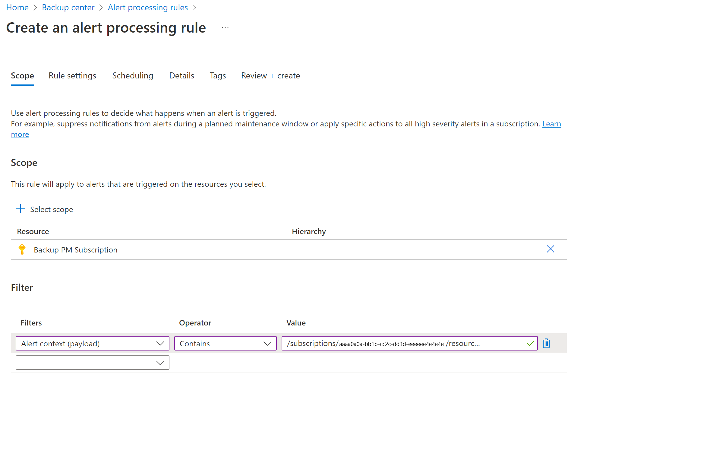 Screenshot showing specified scope of alert processing rule.