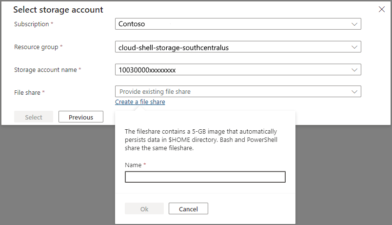 Screenshot showing the select storage account prompt.