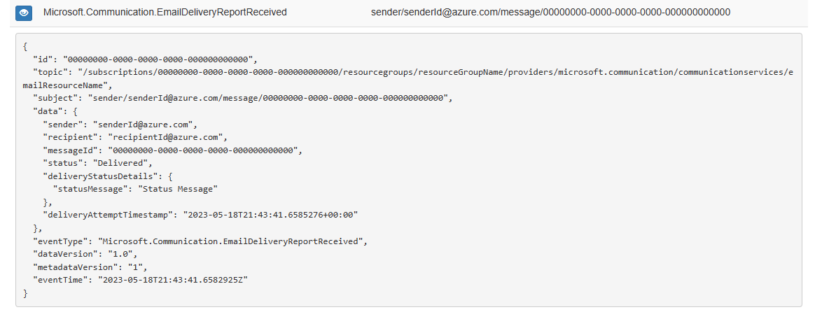 Screenshot of the Azure Event Grid viewer that shows the Event Grid schema for an EMAIL delivery report received event.