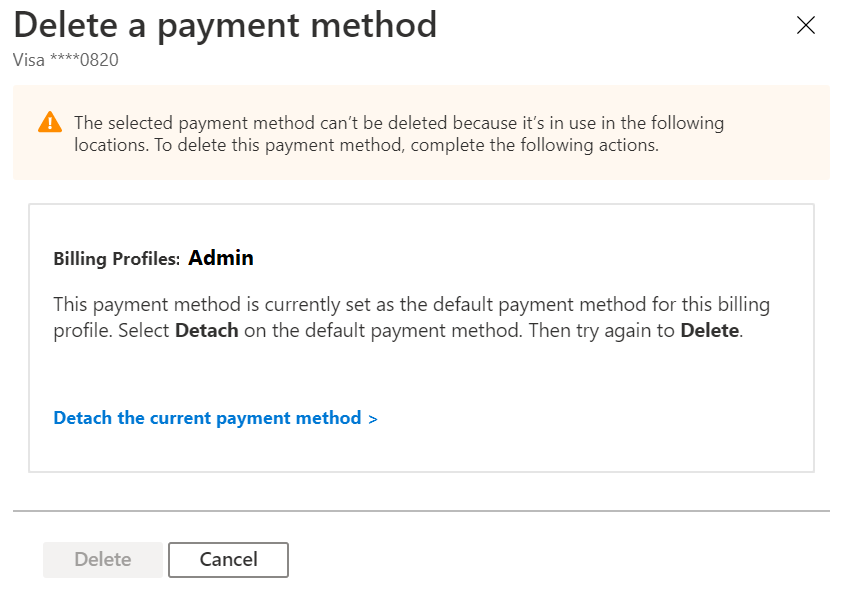 Example screenshot showing that a Microsoft Customer Agreement account is using a payment method.