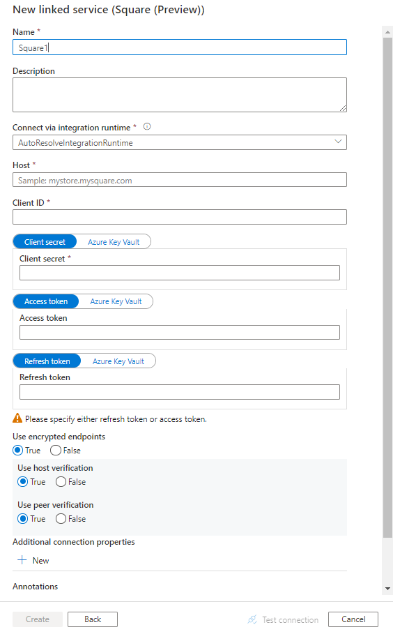 Screenshot of linked service configuration for Square.