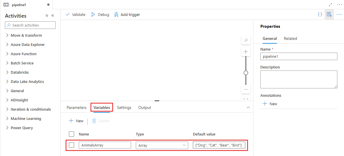 Shows an empty pipeline canvas with an array type variable added to the pipeline.