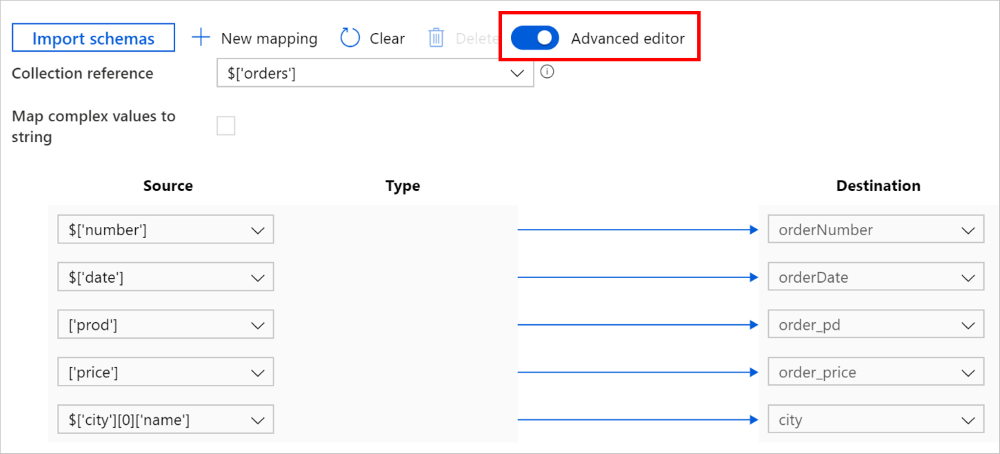 Map hierarchical to tabular using advanced editor