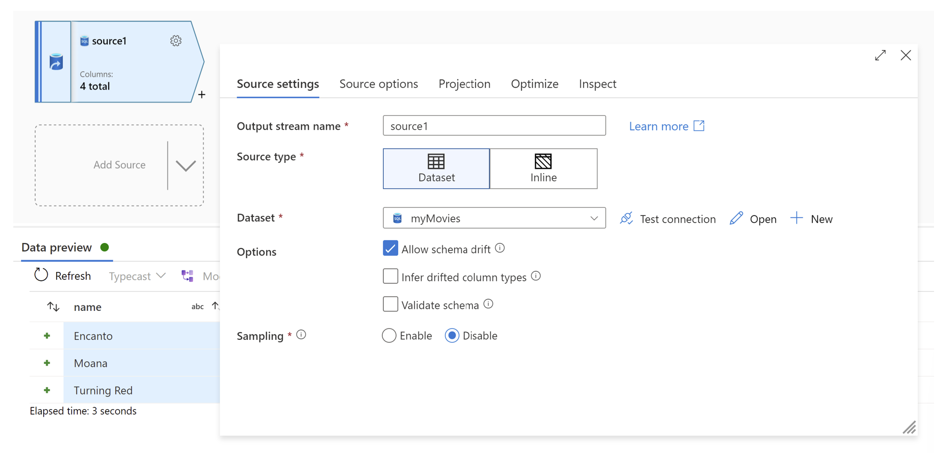 Screenshot of a pop-up with settings specific to the data flow transformation.