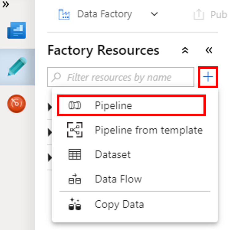 Buttons for creating a new pipeline