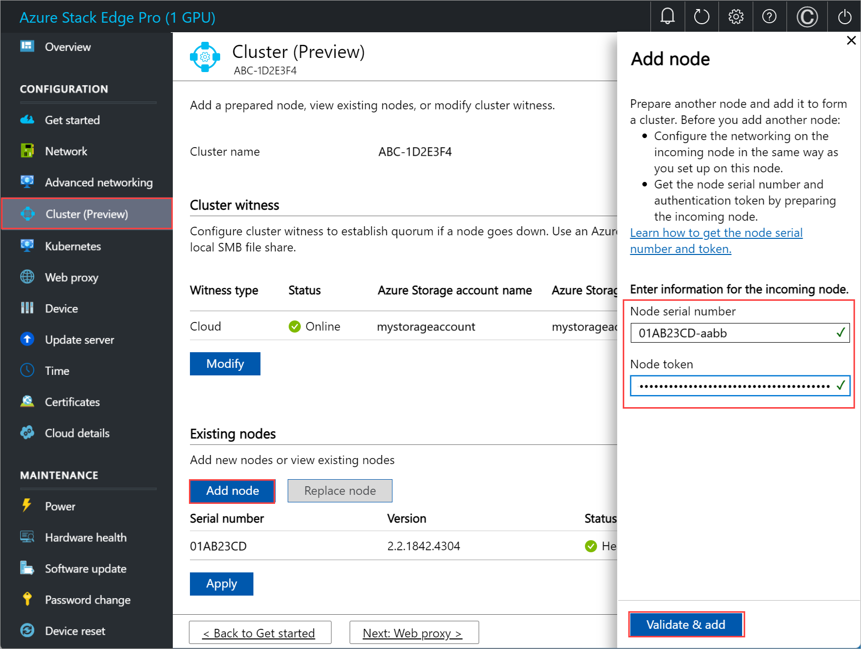 Local web UI "Add node" page with "Add node" option selected for "Existing" on first node