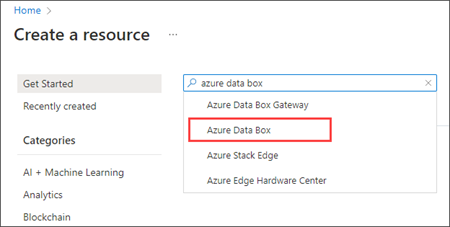 Screenshot highlighting the location of the Search box while searching for Data Box Disk