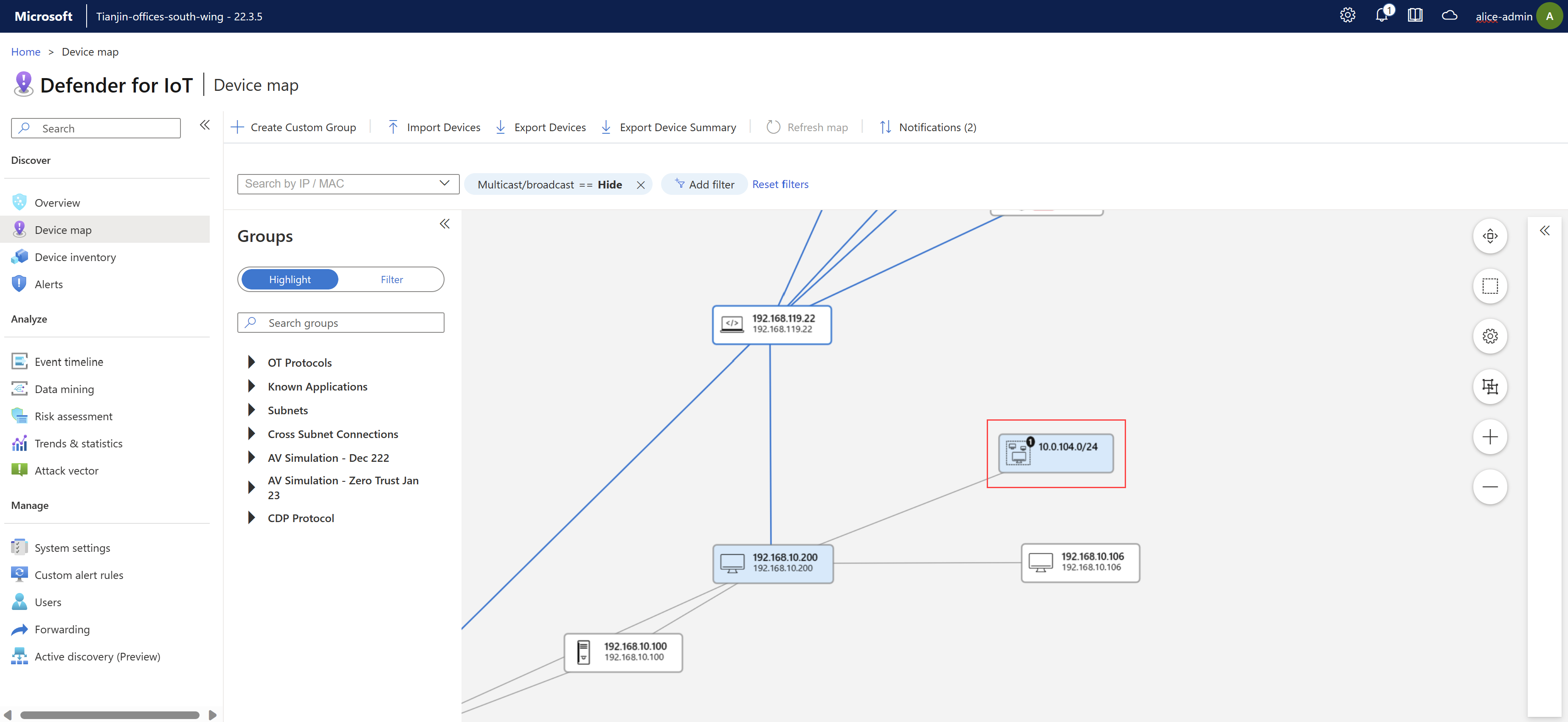 Screenshot of a subnet device on the device map.