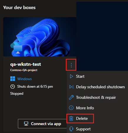 Screenshot of the dev box Actions menu with the Delete command.