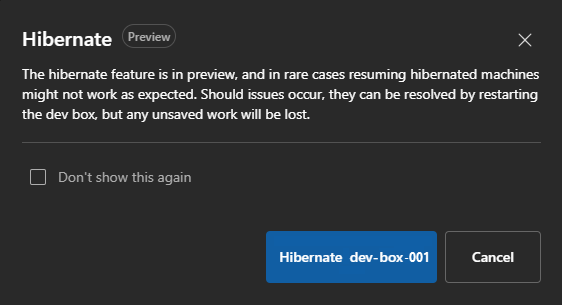 Screenshot of the developer portal, showing a confirmation dialog for hibernating a dev box.