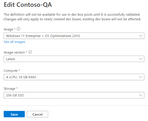 Screenshot of the page for editing a dev box definition.