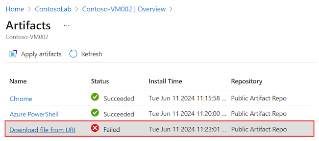 Screenshot that shows how to locate and select the failed artifact for the lab virtual machine.