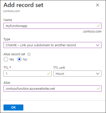 Screenshot of function app add record set page.