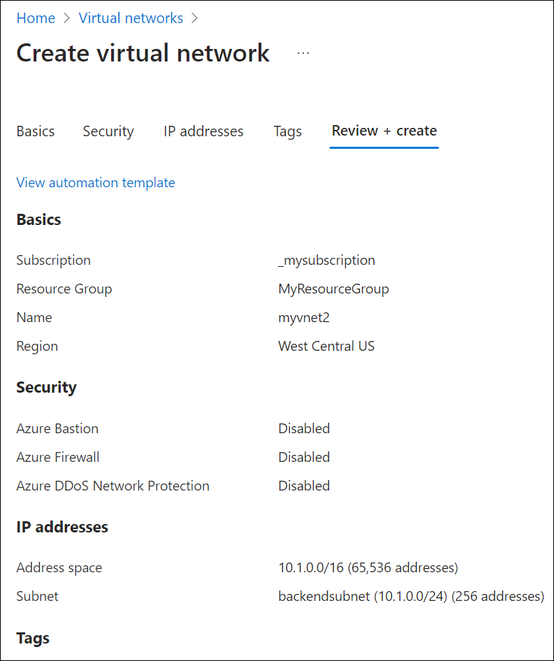 Screenshot showing creation of a second vnet.