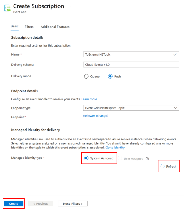 Screenshot that shows the Create Subscription page with system assigned identity option selected.