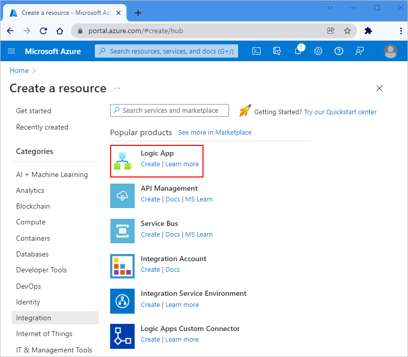 Screenshot of Azure portal, showing button to create a logic app resource.