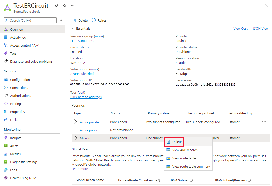 Screenshot showing how to delete Microsoft peering.