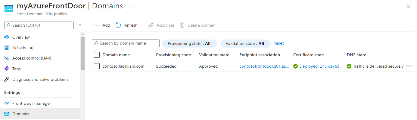 Screenshot showing the validated and associated custom domain.